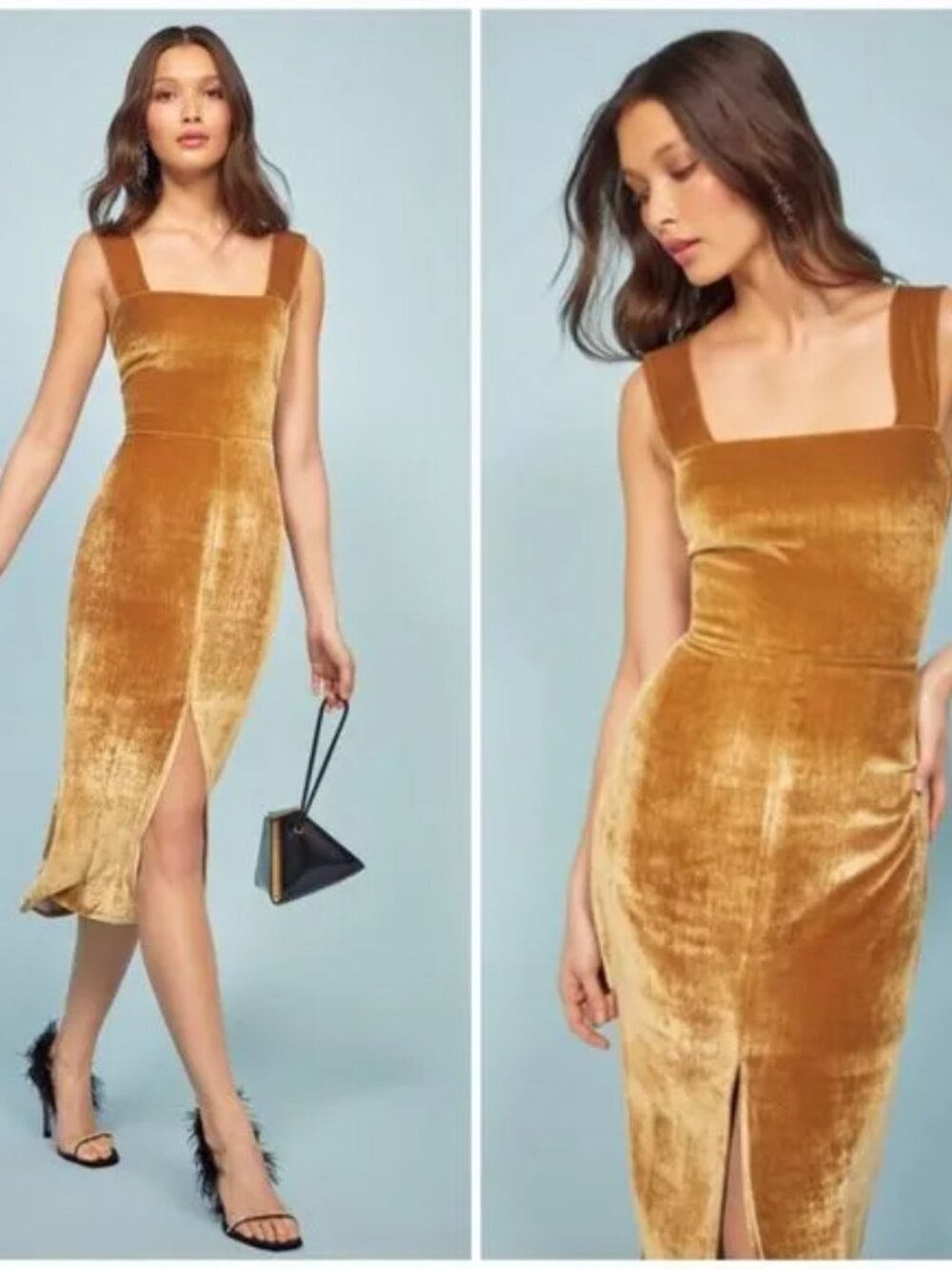 Reformation 'Emira' velvet midi dress, gold, 4